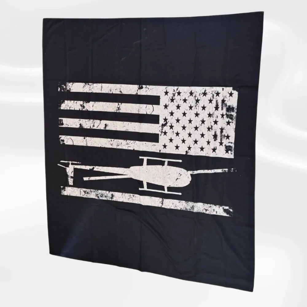 Black American Flag Helicopter Tapestry Wall Hanging – Large Aviation Decor